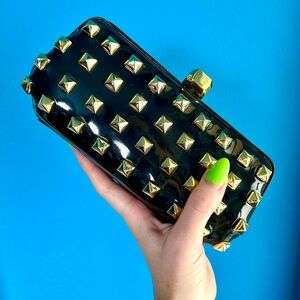 Rebecca Minkoff Black, Gold-Studded Hard-Sided Handbag w/ Optional Chain Strap